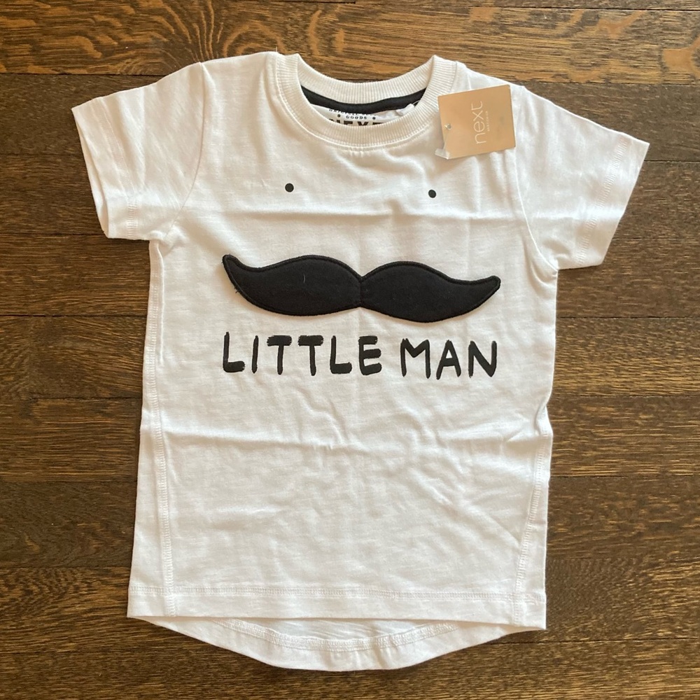 New With Tags Next Toddler Baby Boy T-shirt Little Man White Mustache 12-18M